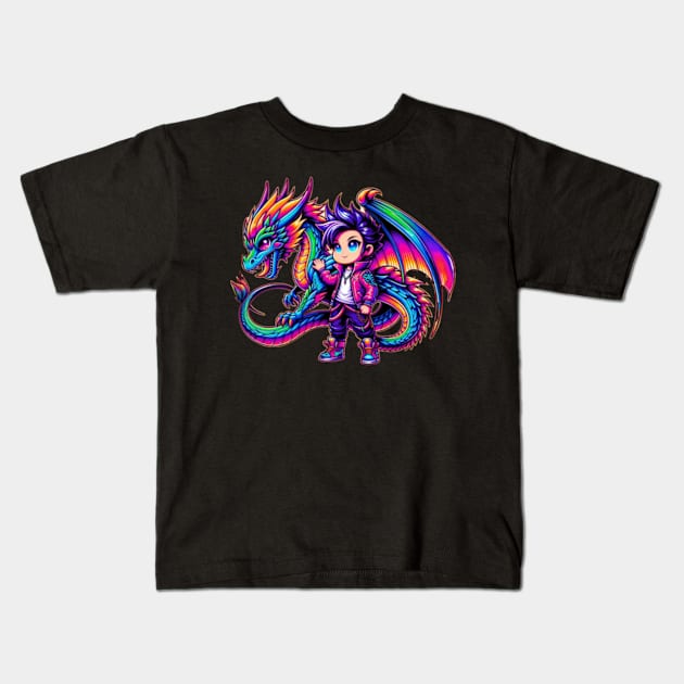 Chibi Boy Drago 80s Airbrush Neon Retro Anime Kawaii Kids T-Shirt by Lavender Celeste